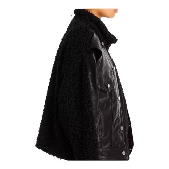 Blank NYC Jacket S Black Sherpa Oversized Vegan Leather Trucker Funnel Zip Comfy - Picture 8 of 14